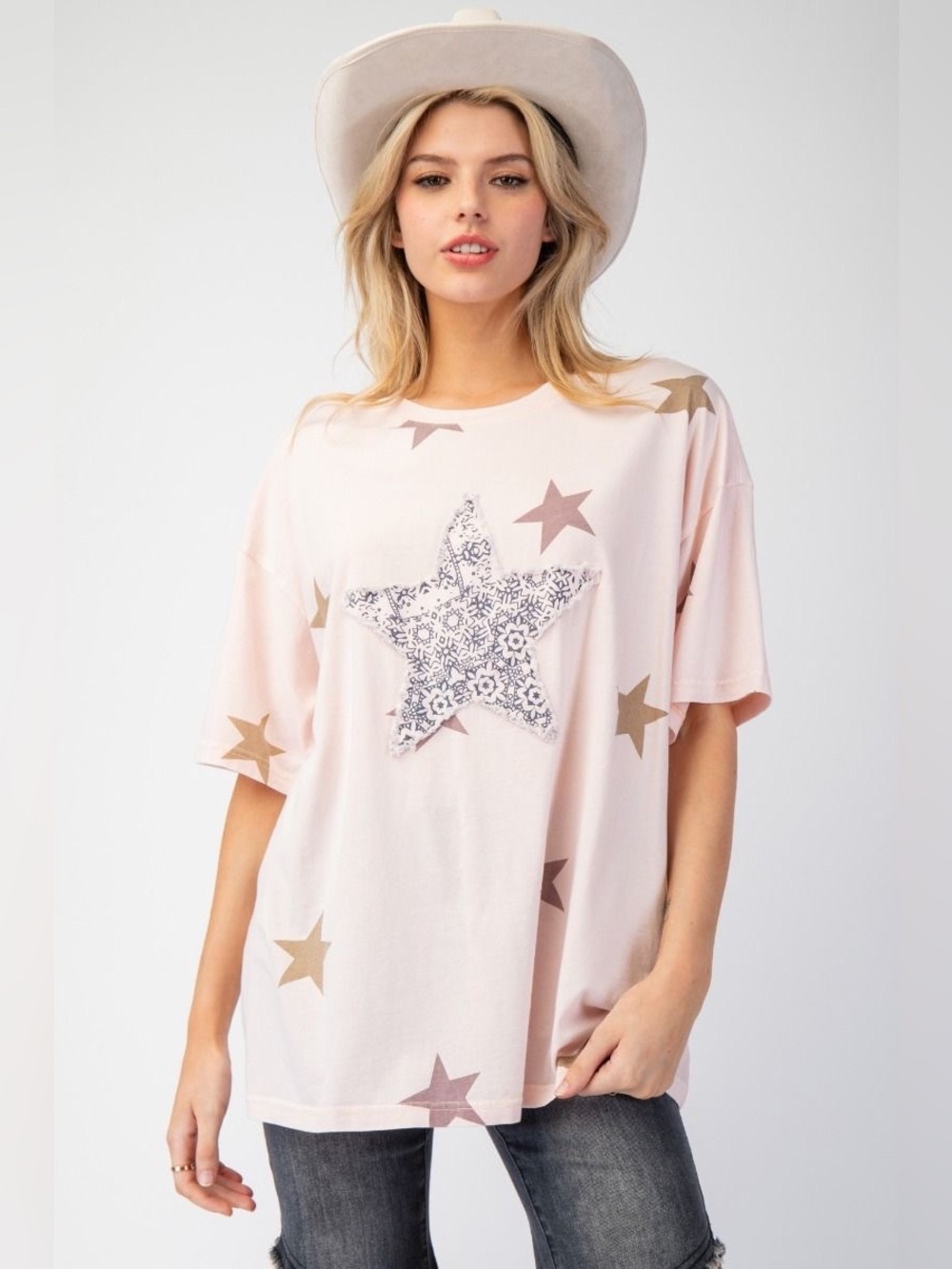 Easel Peach Blush Mineral Washed Star Patch and Print Knit Top